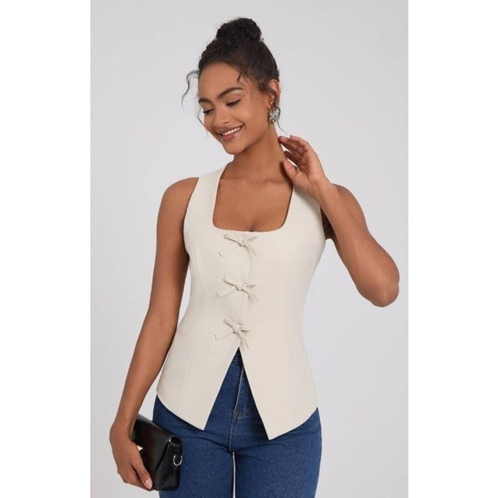 A New Day Square Neck Sleeveless Front Bow Tie Beige Vest Women Med, NWT